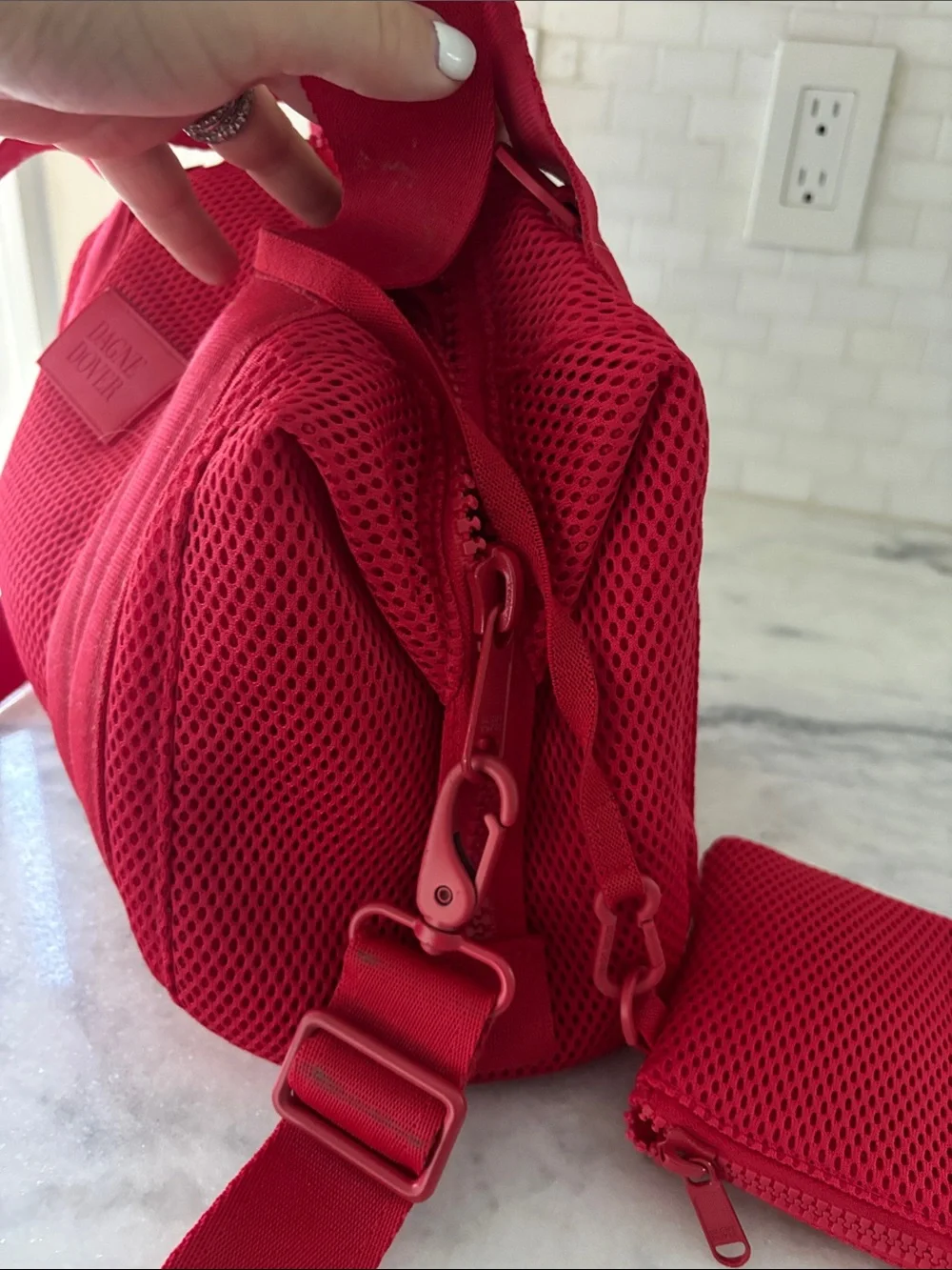 Dagne Dover Red Mesh Backpack Tote with Detachable Pouch NWOT
